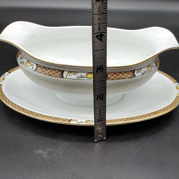 Noritake Gravy Boat Under Plate Japan Geometric Band Florals with Gold 1918 - Picture 9 of 12